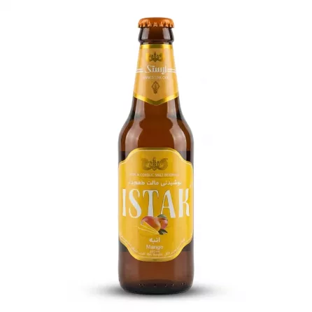 Enhanced Front view of Istak Mango non alcoholic malt drink bottle in hand