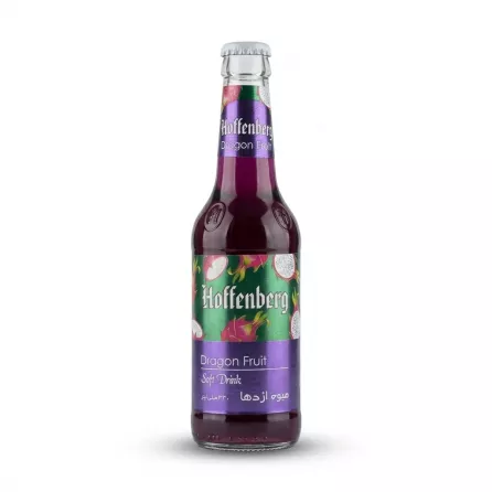 A 330ml glass bottle of Hoffenberg Dragon Fruit Soft Drink, featuring its distinct purple and green label with dragon fruit illustrations, isolated on a white background.