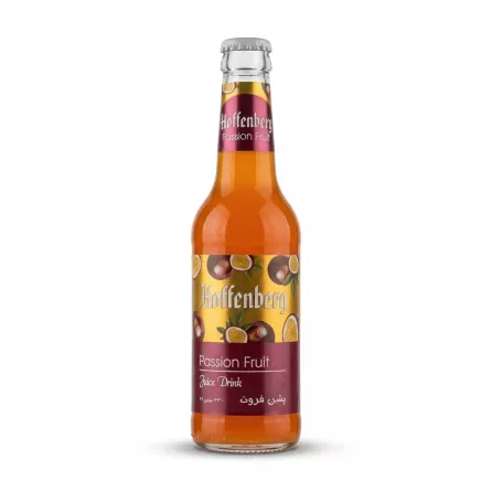 A 330ml glass bottle of Hoffenberg Passion Fruit Juice Drink is centered on a clean white background. The bottle, filled with orange liquid, has a main golden and purple label featuring passion fruit graphics and a neck label.