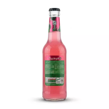 A professional 1:1 e-commerce product photograph showing the back label of a Hoffenberg Cactus Juice Drink glass bottle. The bottle is filled with a pink liquid and is perfectly centered on a clean white background. The intricate back label, featuring the 'هوفنبيرج' logo and detailed multilingual ingredients and nutritional information, is in sharp focus, rendered accurately and clearly. Soft, even lighting creates a balanced soft shadow beneath the bottle.