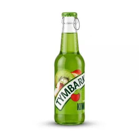 Enhanced Hand holding Tymbark Kiwi Drink 250ml glass bottle in shop aisle