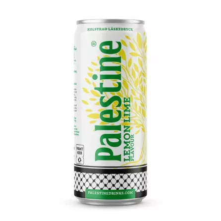 Enhanced Front view of Palestine Lemon Lime carbonated drink can in store