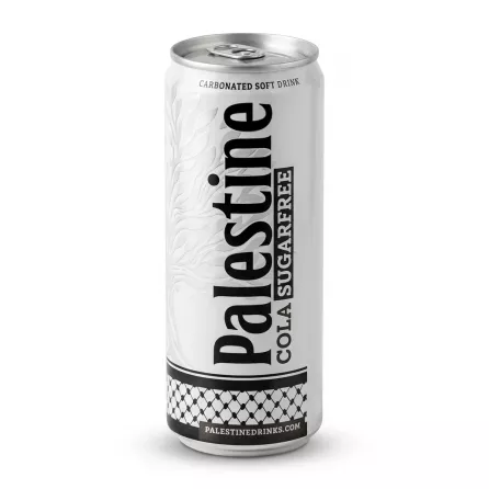 A 330ml can of Palestine Cola Sugarfree. It has a white, textured design and black branding, standing centered in a 1:1 professional e-commerce shot with a soft, natural shadow on both sides.