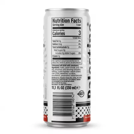 Enhanced Nutrition facts and ingredients on the back of a Palestine Cola Sugarfree can