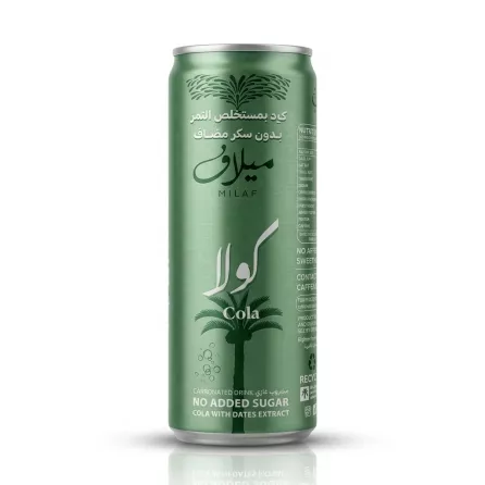 Enhanced Milaf Cola can branding and ingredients on the shelf