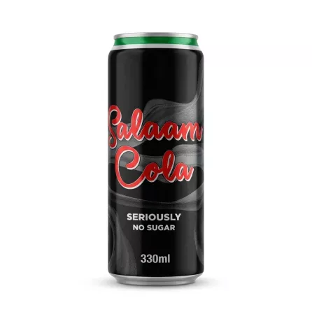Enhanced Front view of Salaam Cola Seriously No Sugar 330ml can held in hand at store