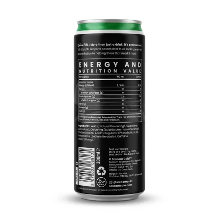 Enhanced Back of Salaam Cola can showing nutrition values and company info