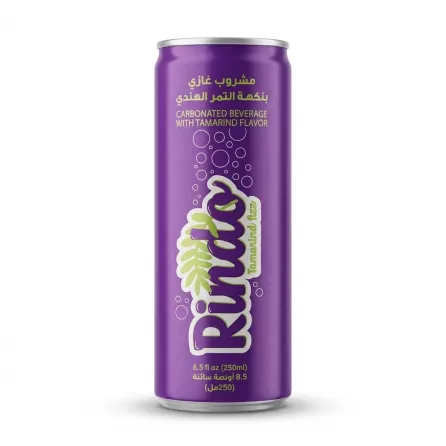 Enhanced Front of Rinda Tamarind Fizz 250ml can held in a shop