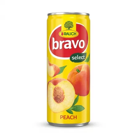 Enhanced Front of Rauch Bravo Select Peach Nectar 250ml can with peach graphics