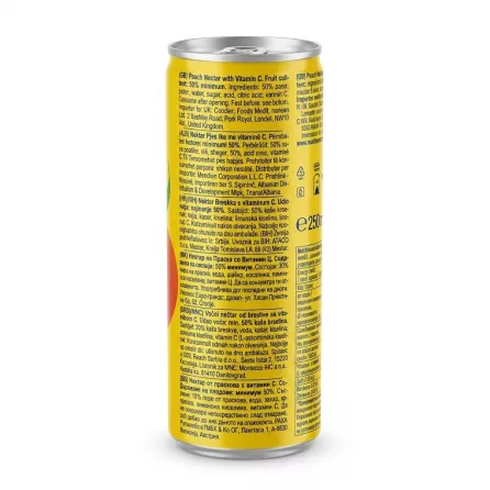 Enhanced Ingredients and nutritional information label on Rauch Bravo Peach Nectar can