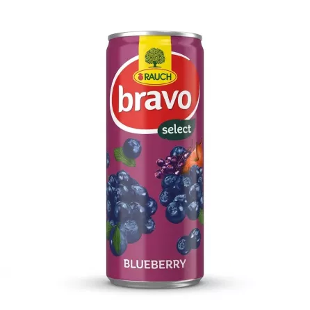 Enhanced Front view of Rauch Bravo Select Blueberry Juice 250ml can highlighting vivid branding and blueberry graphics