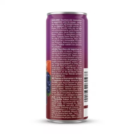 Enhanced Back of Rauch Bravo Blueberry Juice can displaying multilingual product information and ingredients