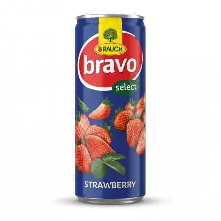 Enhanced Front of Rauch Bravo Select Strawberry Juice Drink can 250ml