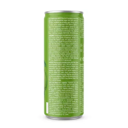 Enhanced Ingredients and product information on back of Rauch Bravo Select Green Apple Juice can
