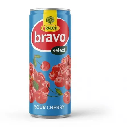 A 250ml can of Rauch Bravo Select Sour Cherry Nectar with bright blue branding, white "bravo" logo in a red oval, and vibrant illustrations of fresh red cherries. {IMAGE}