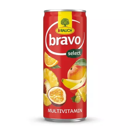 Enhanced Front of Rauch Bravo Select Multivitamin Juice 250ml can