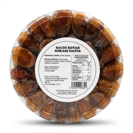 Enhanced Back label of Madinah Delight Saudi Rotab Sokari Dates showing ingredients and nutritional values