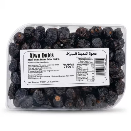 Enhanced Back label showing ingredients and nutrition for Ajwa Dates 750g pack
