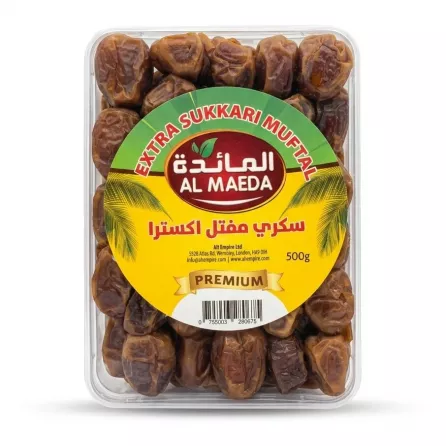 Enhanced Front view of Al Maeda Extra Sukkari Muftal Dates 500g pack with clear plastic packaging
