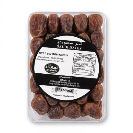 Enhanced Back label of Al Maeda Sukkari Dates pack showing nutrition and ingredient information