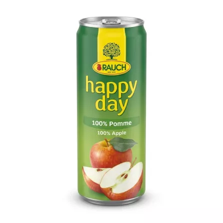 Enhanced Front view of Rauch Happy Day 100% Apple Juice can 330ml in hand