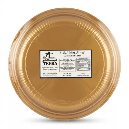 Enhanced Back of Teeba Sagai Royal Dates tray showing ingredients and nutritional label