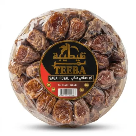Enhanced Front of Teeba Sagai Royal Dates 450g tray with label and price