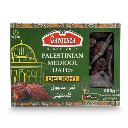 Enhanced Front view of Garousca Palestinian Medjool Dates Delight 900g box in store with special offer label