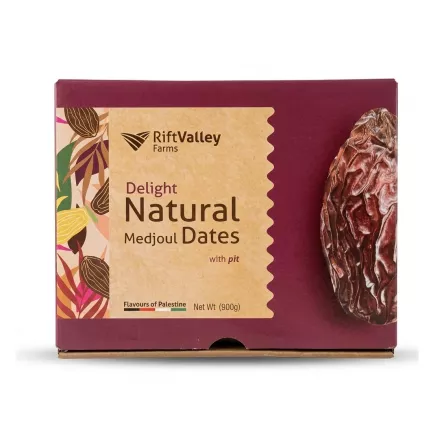 Enhanced Box of Rift Valley Farms Delight Natural Medjoul Dates held in grocery aisle