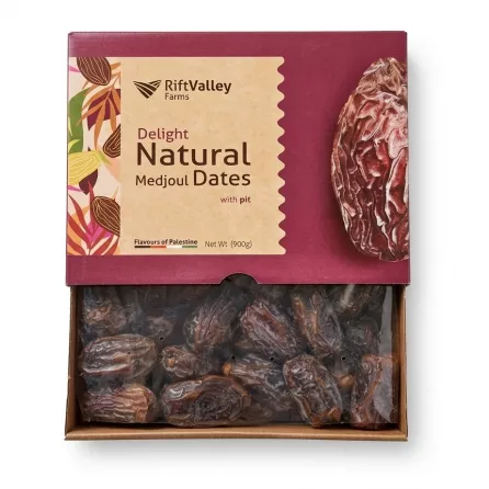 Enhanced Open box of Rift Valley Farms Medjoul Dates showing contents