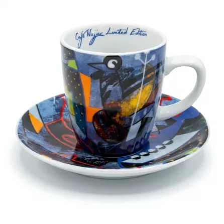 Enhanced Café Najjar small Arabic coffee cup and saucer with abstract blue, red, yellow, and black design
