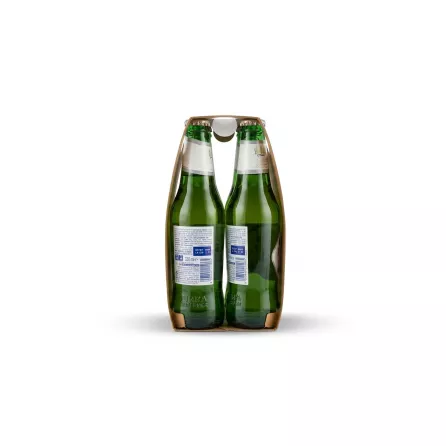 Enhanced Angled open view of the four Peroni Nastro Azzurro 0.0% bottles inside cardboard packaging