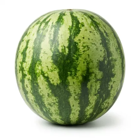 Enhanced Hand holding a large whole watermelon with green striped rind outside a fruit and vegetable shop