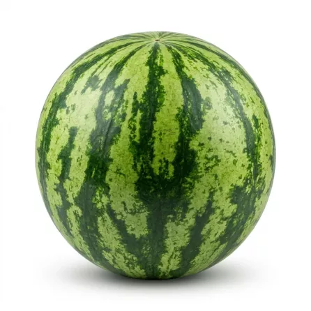 A top-down view of a large, whole, round watermelon with distinctive dark green and light green stripes, centered on a clean white studio background. The fruit is perfectly cleaned and sharply focused, presented as a professional e-commerce product shot with soft, even studio lighting. [GENERATED_IMAGE]
