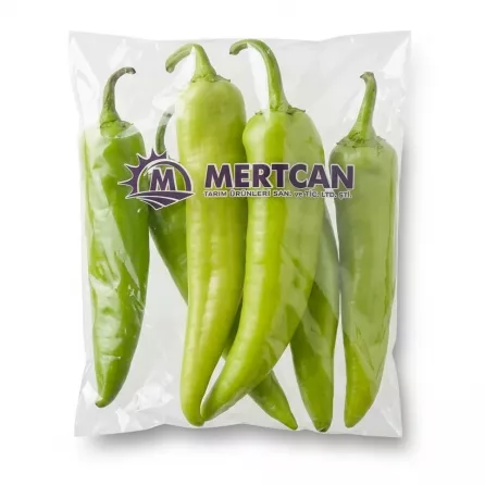 Enhanced Front of Mertcan Charleston green peppers in clear packaging