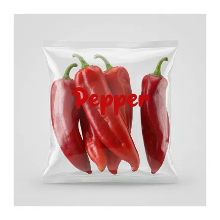 Enhanced Bag of fresh red Kapya peppers with Pepper label