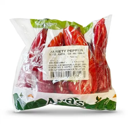 Enhanced Reverse of packaged red Kapya peppers showing variety and supplier details