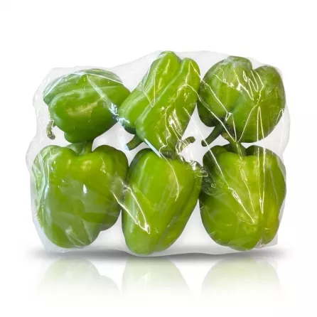 Enhanced Pack of fresh green peppers in plastic wrap, priced at £2.50