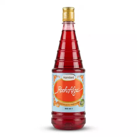 Enhanced Front view of Hamdard Rooh Afza Syrup 800ml bottle with red liquid
