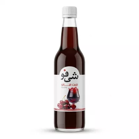 Enhanced Front view of Shifoo Cherry Syrup bottle held in hand, showing cherry illustration and label