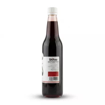 Enhanced Back view of Shifoo Cherry Syrup bottle displaying English and Arabic product information with barcode