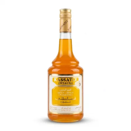 Enhanced Front of Kassatly Chtaura Apricot Syrup Kamardine bottle 600ml