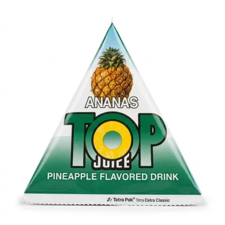 Enhanced Hand holding Top Juice pineapple flavoured drink in triangle Tetra Pak