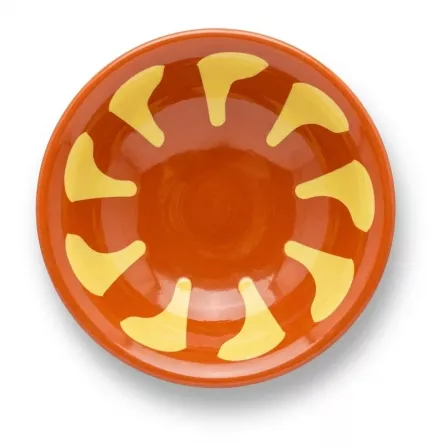 Enhanced Close-up of Phoenix 5 inch Arab Bowl showing yellow decorative pattern inside orange bowl