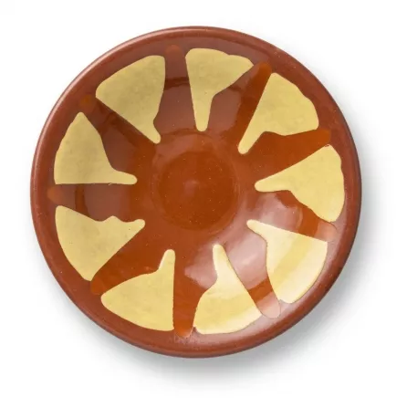 Enhanced Top view of decorative brown and yellow ceramic shallow bowl with price tag
