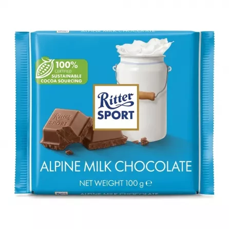 Enhanced Front of Ritter Sport Alpine Milk Chocolate 100g bar, blue packaging