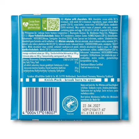 Enhanced Back of Ritter Sport Alpine Milk Chocolate 100g bar showing ingredients and barcode