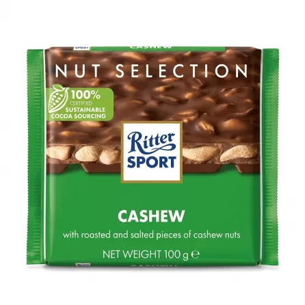Enhanced Front packaging of Ritter Sport Cashew Nut Selection milk chocolate bar