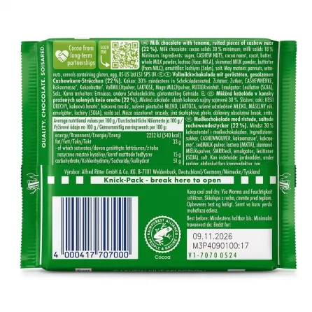 A professional back-of-package photo of the Ritter Sport Cashew Nut Selection milk chocolate bar, displaying ingredient information and the barcode. {image}