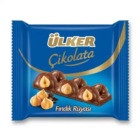 Enhanced Ülker Çikolata Fındık Rüyası milk chocolate bar with hazelnut cream and whole hazelnuts in blue packaging